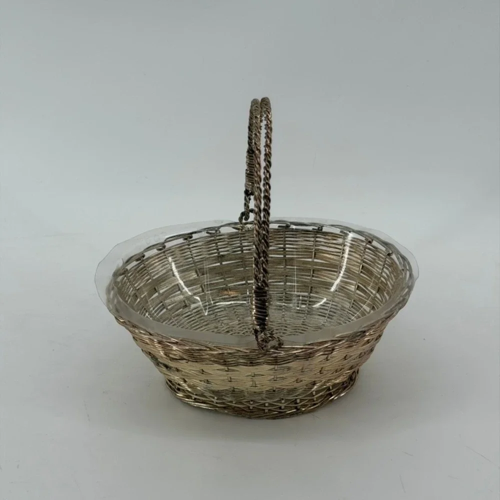Vintage Silver Tone Woven Wire Oval Basket with Swing Handle and Liner